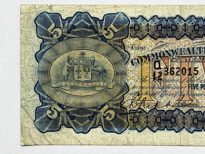 Australia 1928 Five Pound £5 Riddle/Heathershaw Paper Banknote Fine