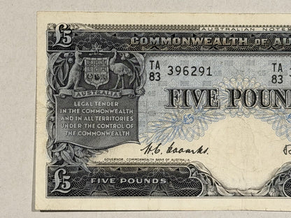 Commonwealth of Australia 1961 £5 Five Pound Coombs/Wilson Paper Banknote VF