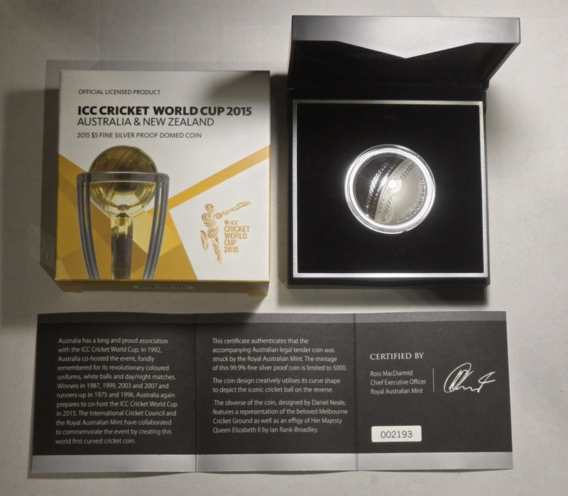Australia 2015 $5 ICC Cricket World Cup Aus & NZ 1oz Silver Proof Domed Coin