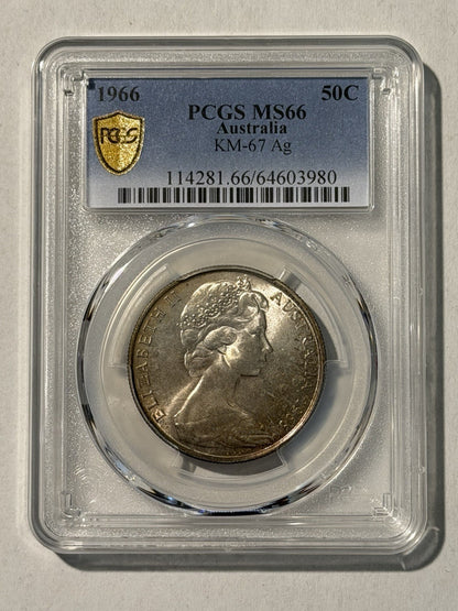 Australia 1966 Round 50c Fifty Cent PCGS Graded MS66 GEM 80% Silver Coin