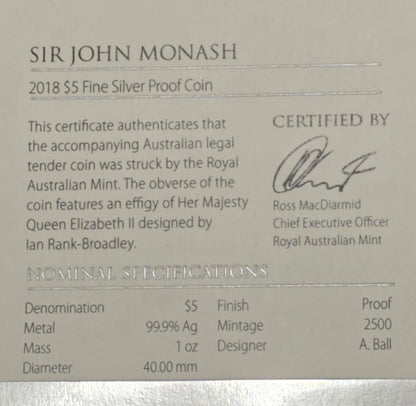 Australia 2018 $5 Five Dollar Sir John Monash 1oz 999 Silver Proof Coin