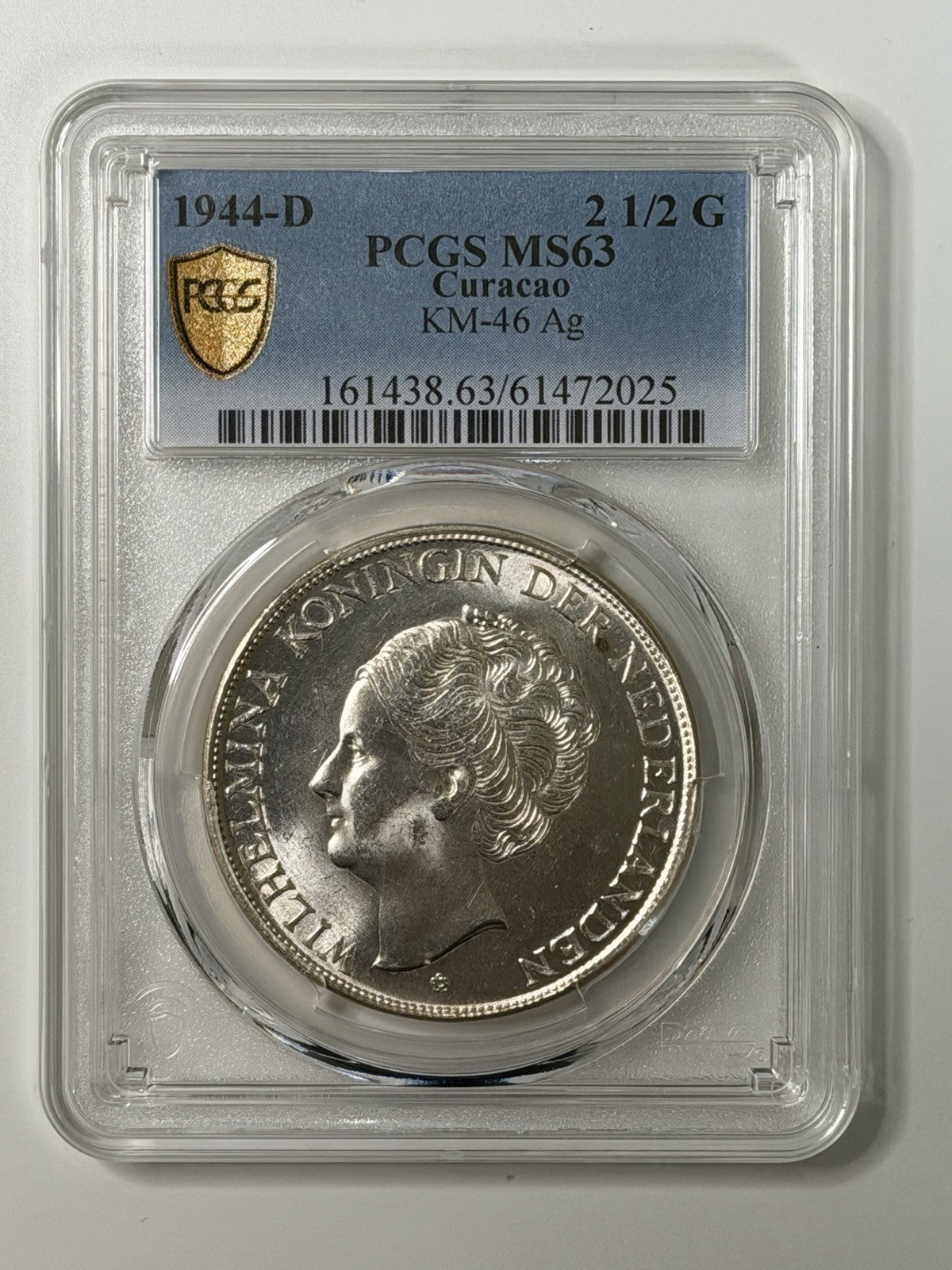 Netherlands Curacao 1944D 2 1/2 Gulden PCGS Graded MS63 UNC Silver Coin