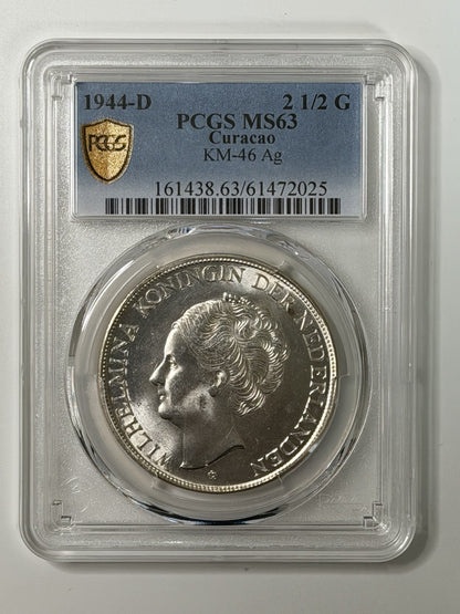 Netherlands Curacao 1944D 2 1/2 Gulden PCGS Graded MS63 UNC Silver Coin