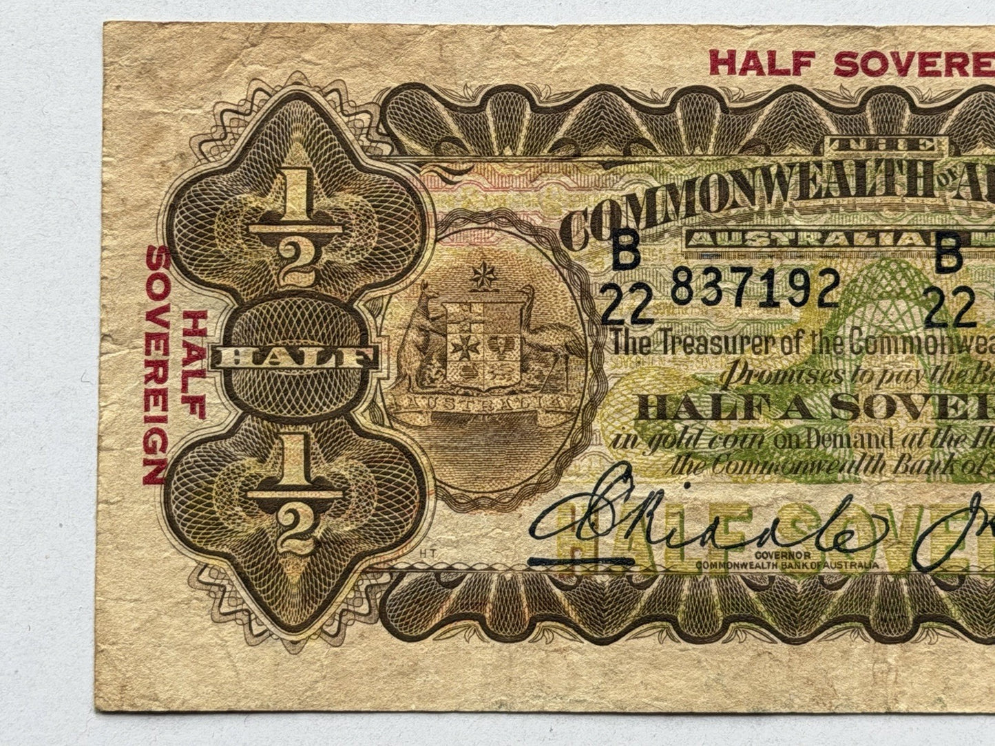 Australia 1928 Half Sovereign 10/- Riddle/Heathershaw Paper Banknote Fine