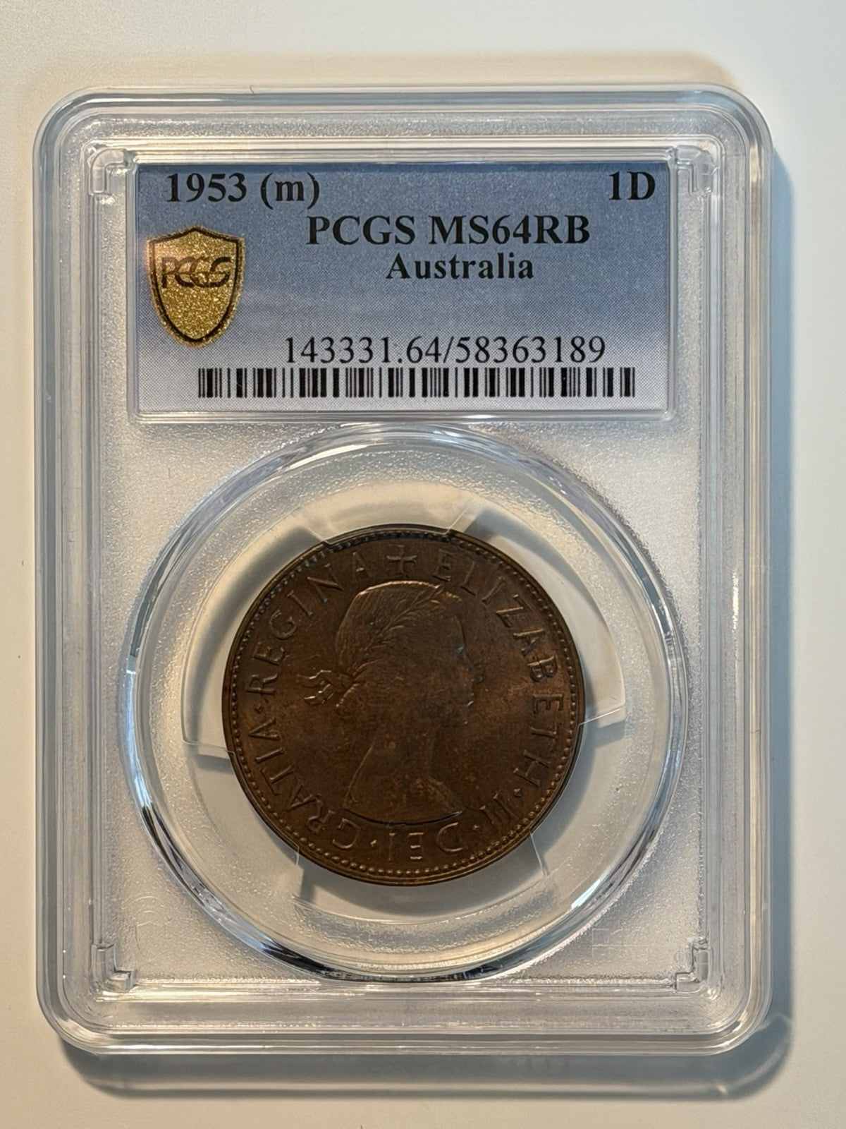 Australia 1953(m) One Penny 1d PCGS Graded MS64RB UNC Copper Coin