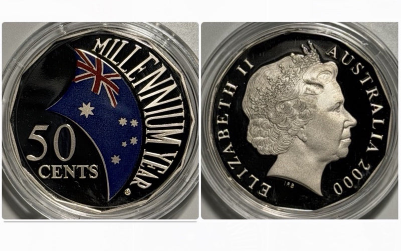 Australia 2000 50c Fifty Cents Millennium Flag Coloured Proof  Coin