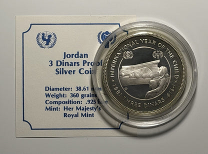 Jordan 1981 3 Three Dinars Year of the Child Silver Proof Coin