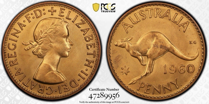 Australia 1960(p) Y. Proof One Penny 1d PCGS Graded PR65RD Red Copper Coin