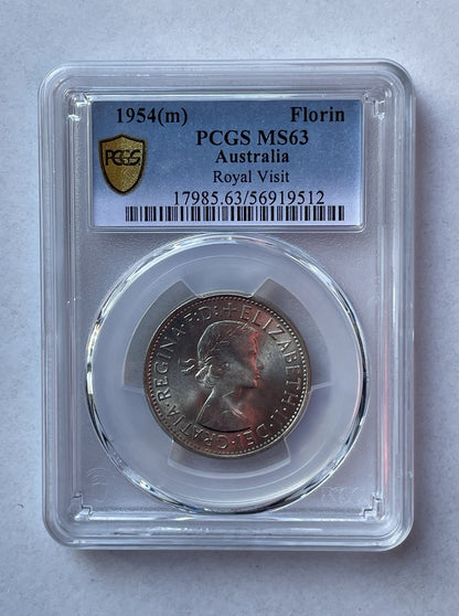 1954 Australia Royal Visit Florin Silver Coin PCGS Graded MS63 Choice UNC