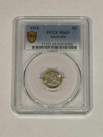 Australia 1910 3d Threepence PCGS Graded MS65 GEM Silver Coin
