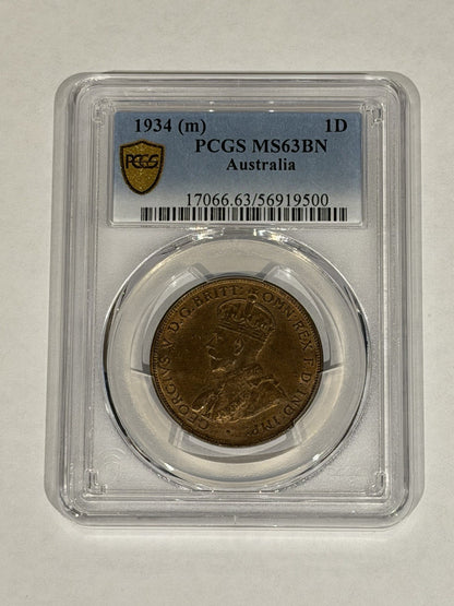 Australia 1934 One Penny 1d PCGS Graded MS63BN Copper Coin