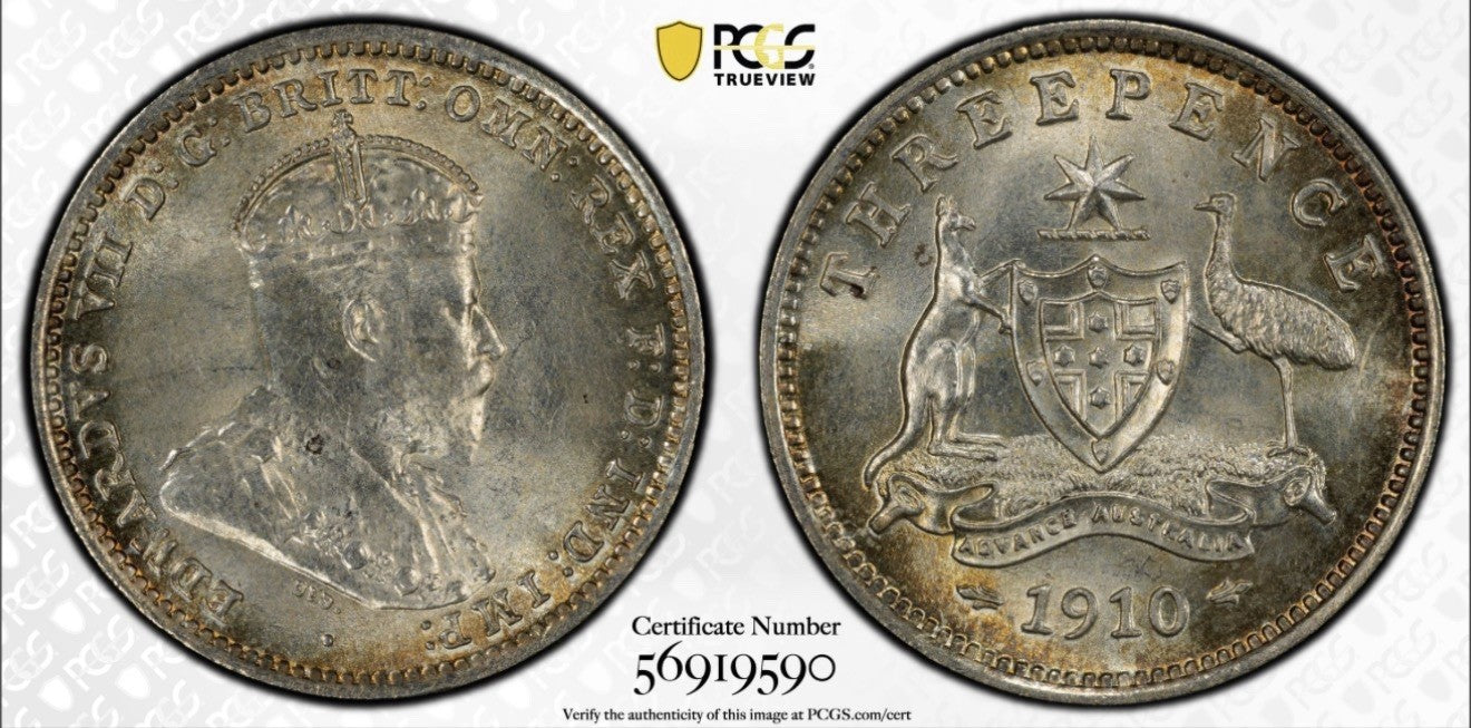 Australia 1910 3d Threepence PCGS Graded MS65 GEM Silver Coin