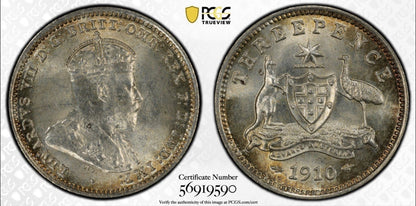 Australia 1910 3d Threepence PCGS Graded MS65 GEM Silver Coin