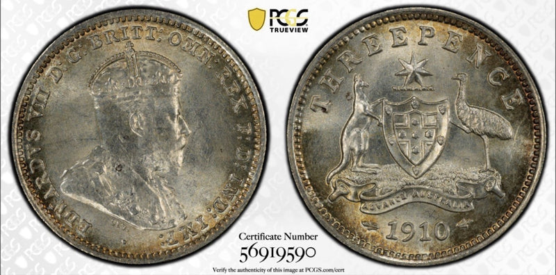 Australia 1910 3d Threepence PCGS Graded MS65 GEM Silver Coin