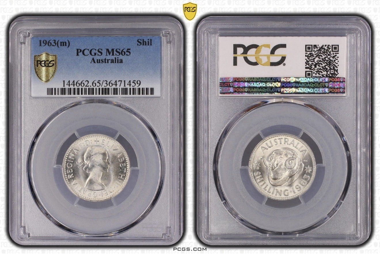AUSTRALIAN 1963(M) SHILLING COIN  PCGS MS65 SLAB UNCIRCULATED GRADED PRE DECIMAL