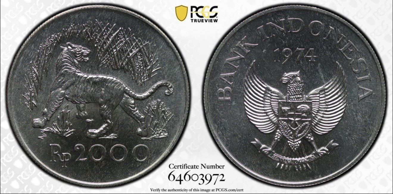 Indonesia 1974 2000Rp Rupiah Tiger PCGS Graded MS66 Silver (.500) Coin