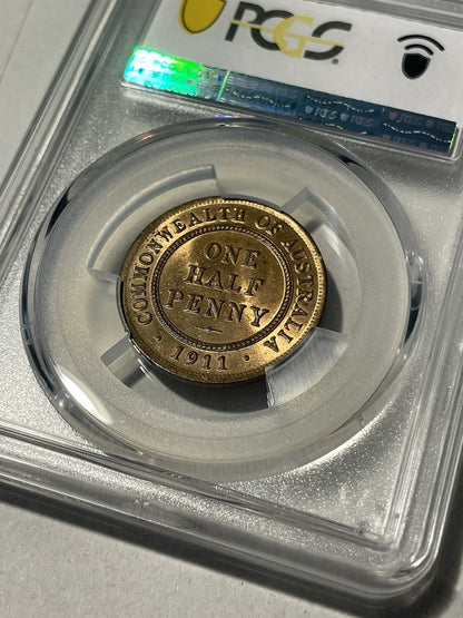 Australia 1911 One Half Penny 1/2d PCGS Graded MS63RB Coin UNC KGV