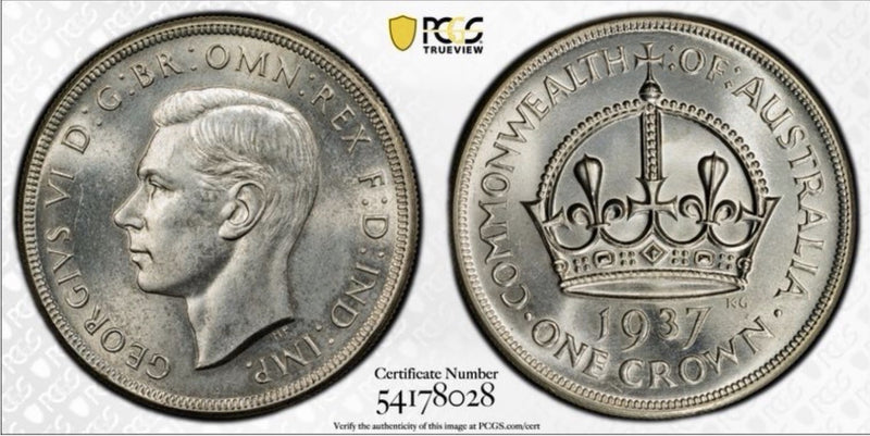 Australia 1937 Crown 5/- Five Shillings PCGS Graded MS64 Large Silver Coin