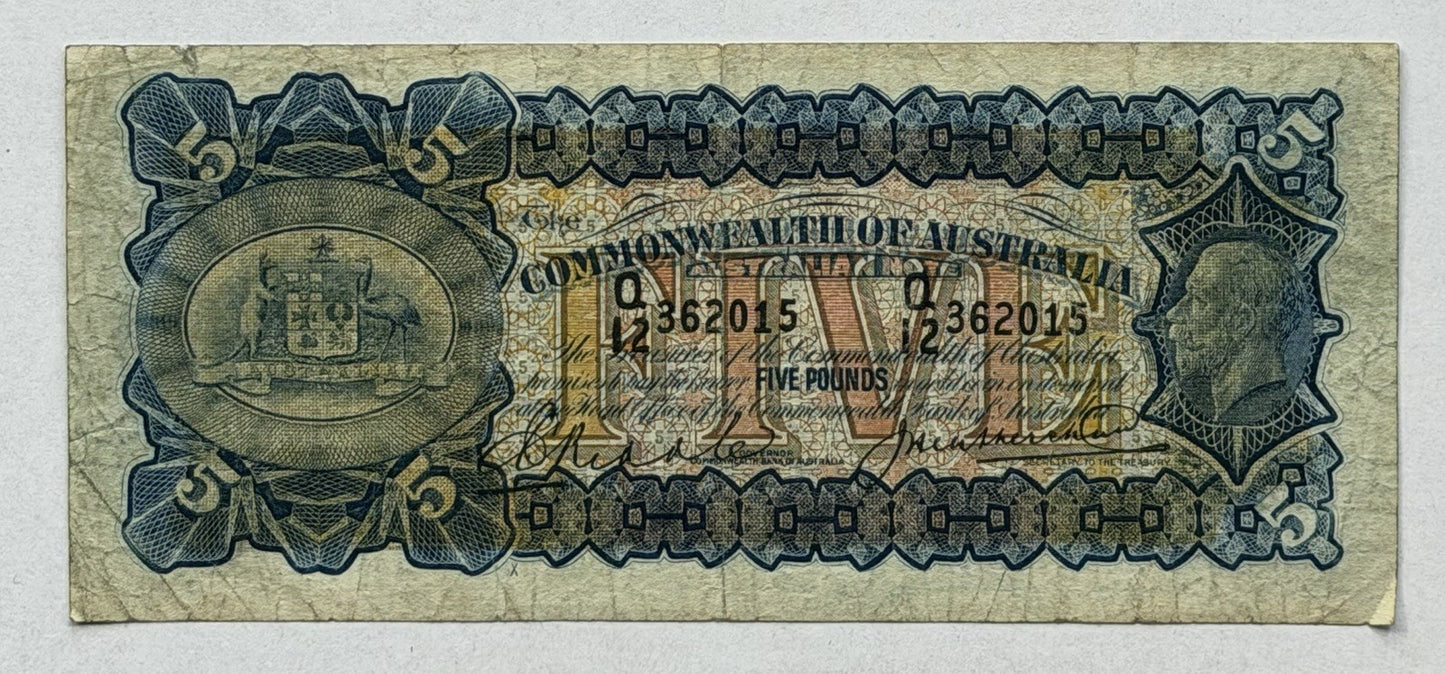 Australia 1928 Five Pound £5 Riddle/Heathershaw Paper Banknote Fine