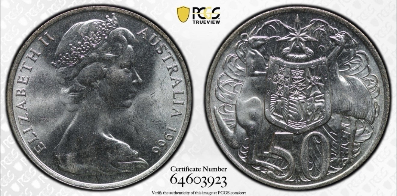 Australia 1966 Round 50c Fifty Cent PCGS Graded MS65 GEM 80% Silver Coin