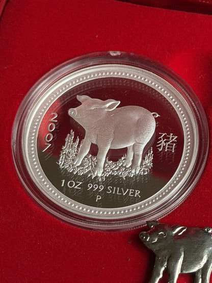 2007 Australia Perth Mint Lunar Pig 1oz $1 Series I Silver Proof Coin