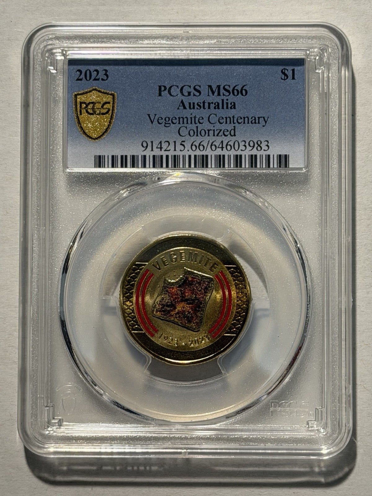 Australia 2023 $1 One Dollar Vegemite Centenary PCGS Graded MS66 Coloured Coin