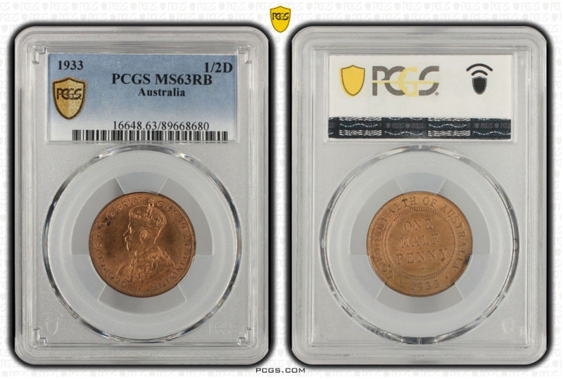 Australia 1933 One Half Penny 1/2d PCGS Graded MS63RB Coin UNC KGV