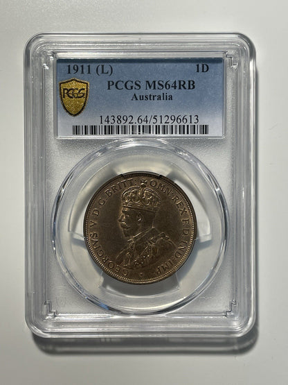 Australia 1911(L) One Penny 1d PCGS Graded MS64RB Coin Choice UNC KGV