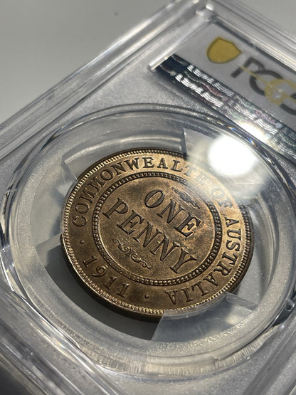 Australia 1911(L) One Penny 1d PCGS Graded MS64RB Coin Choice UNC KGV