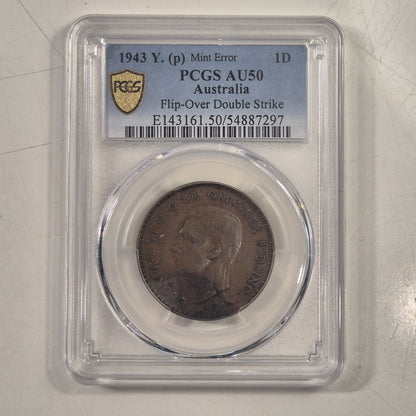 Australia 1943(Y.) Error Flipover Double Strike Penny Coin PCGS AU50