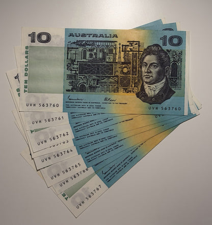 Consecutive Pair UNC Australia 1991 $10 Dollars Johnston/ Fraser Paper Banknote