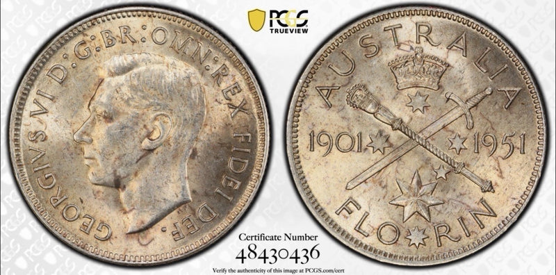 Australia Predecimal 1951 Golden Jubilee 2/- Florin PCGS AU58 with Trueview