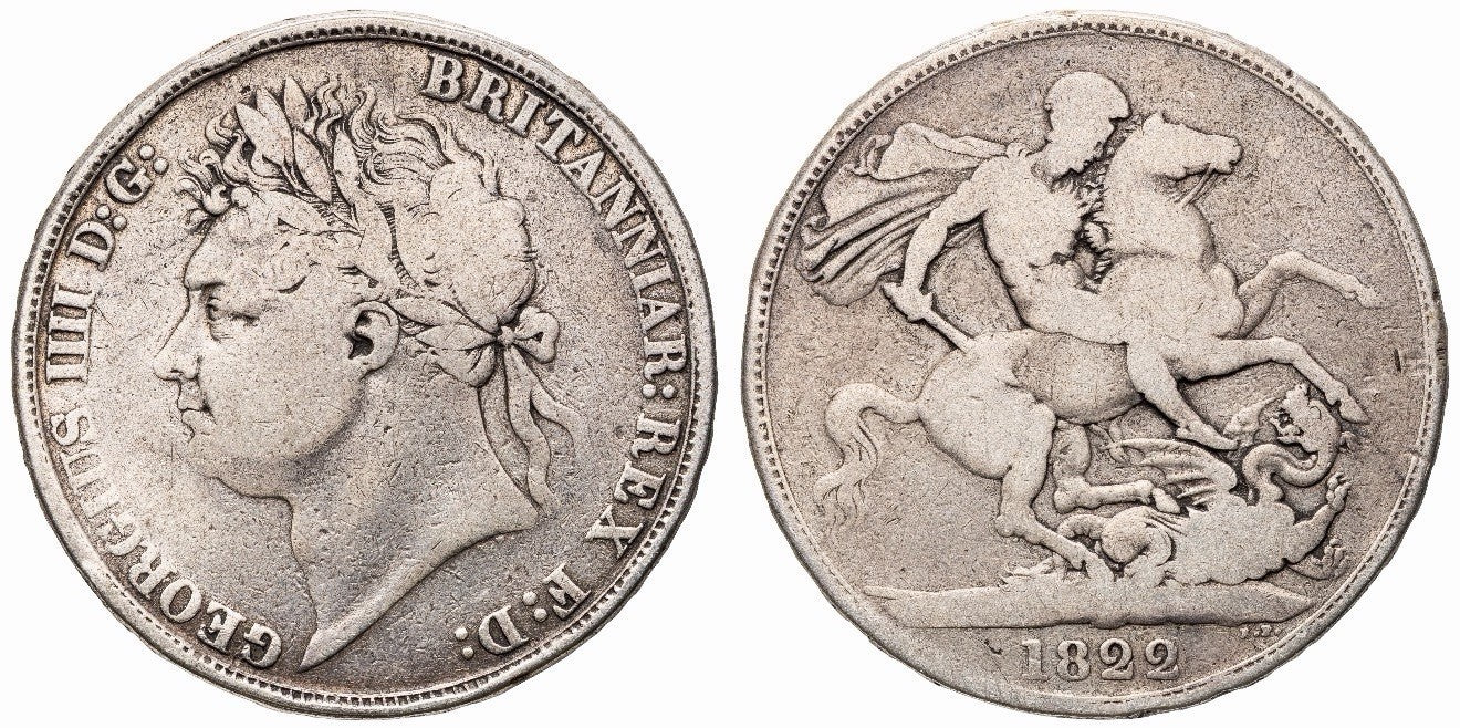 Great Britain UK 1822 Crown Five Shillings 5/- George IV Silver Coin VG Scarce