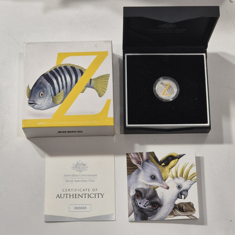 Australia 2017 $1 One Dollar Coloured Silver Alphabet Collection Z Cert #5 RARE