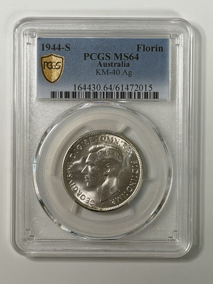 Australia 1944S Florin 2/- PCGS Graded MS64 UNC Silver Coin