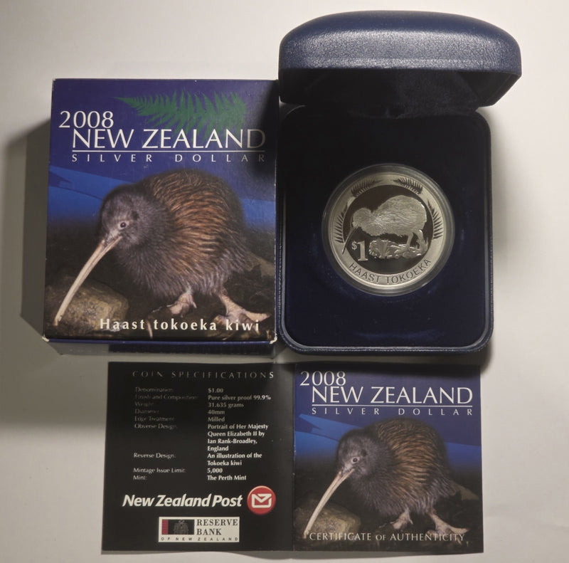 New Zealand 2008 Silver Dollar Haast Tokoeka Kiwi 1oz 999 Silver Proof Coin
