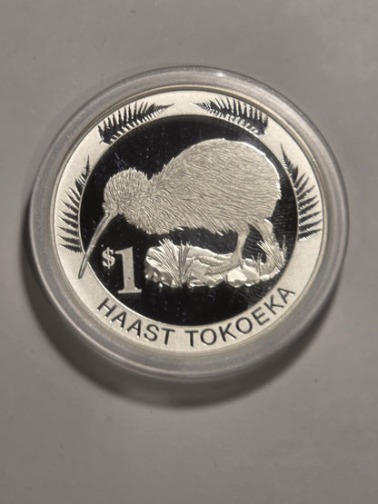 New Zealand 2008 Silver Dollar Haast Tokoeka Kiwi 1oz 999 Silver Proof Coin