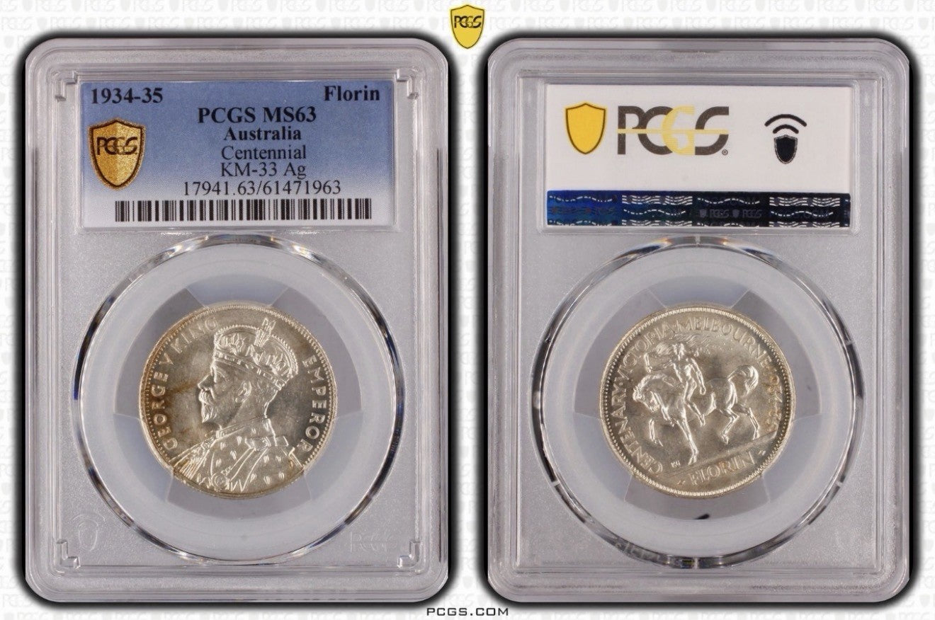Australia 1934-35 Melbourne Centenary Florin 2/- PCGS Graded MS63 Silver Coin
