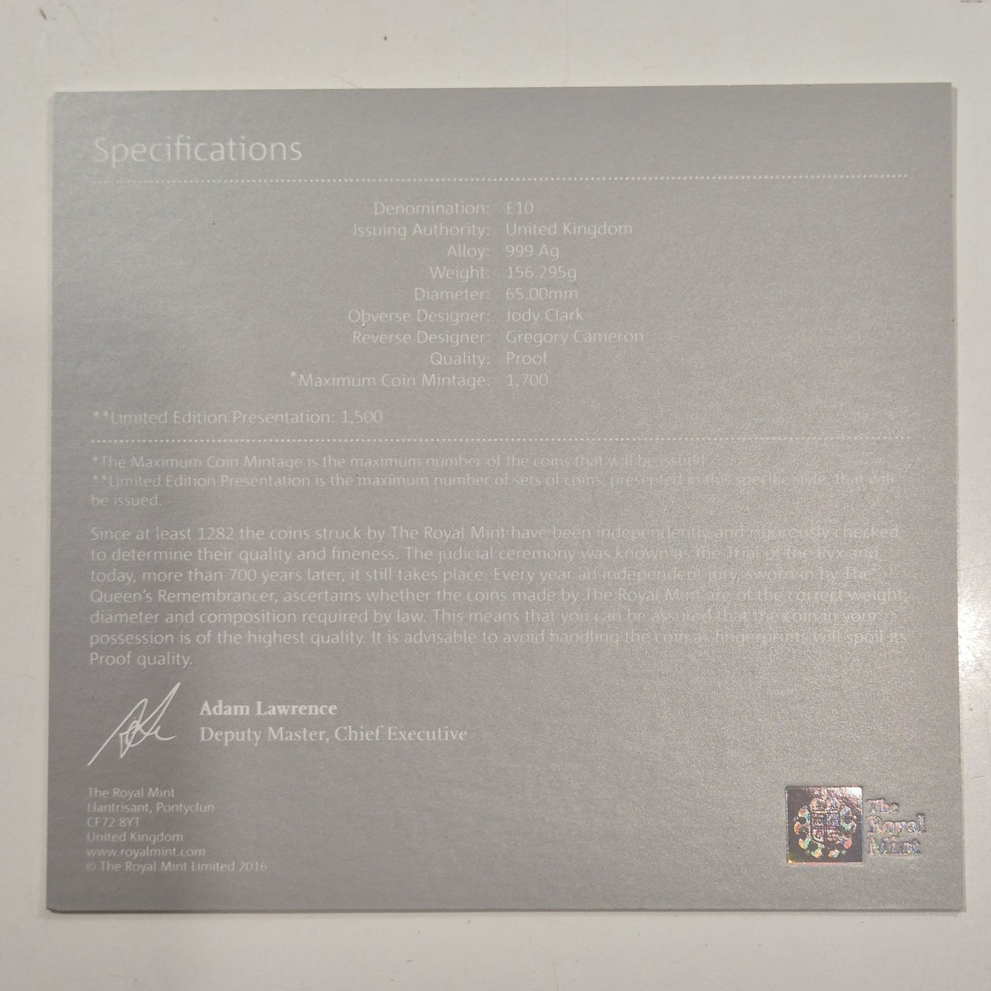 UK British 2017 Sapphire Jubilee Silver Proof £10 5oz Ten Pounds Crown Coin