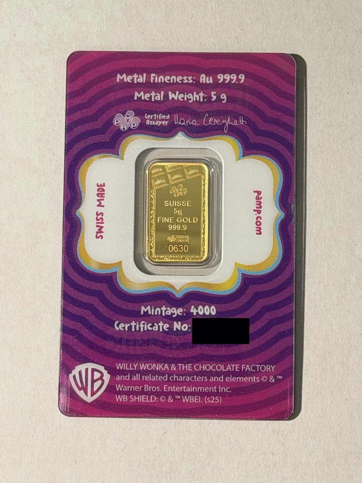 PAMP 2025 Limited Edition “Red Hat” Wonka 5 Gram Gold Bar in Assay Mintage 4000
