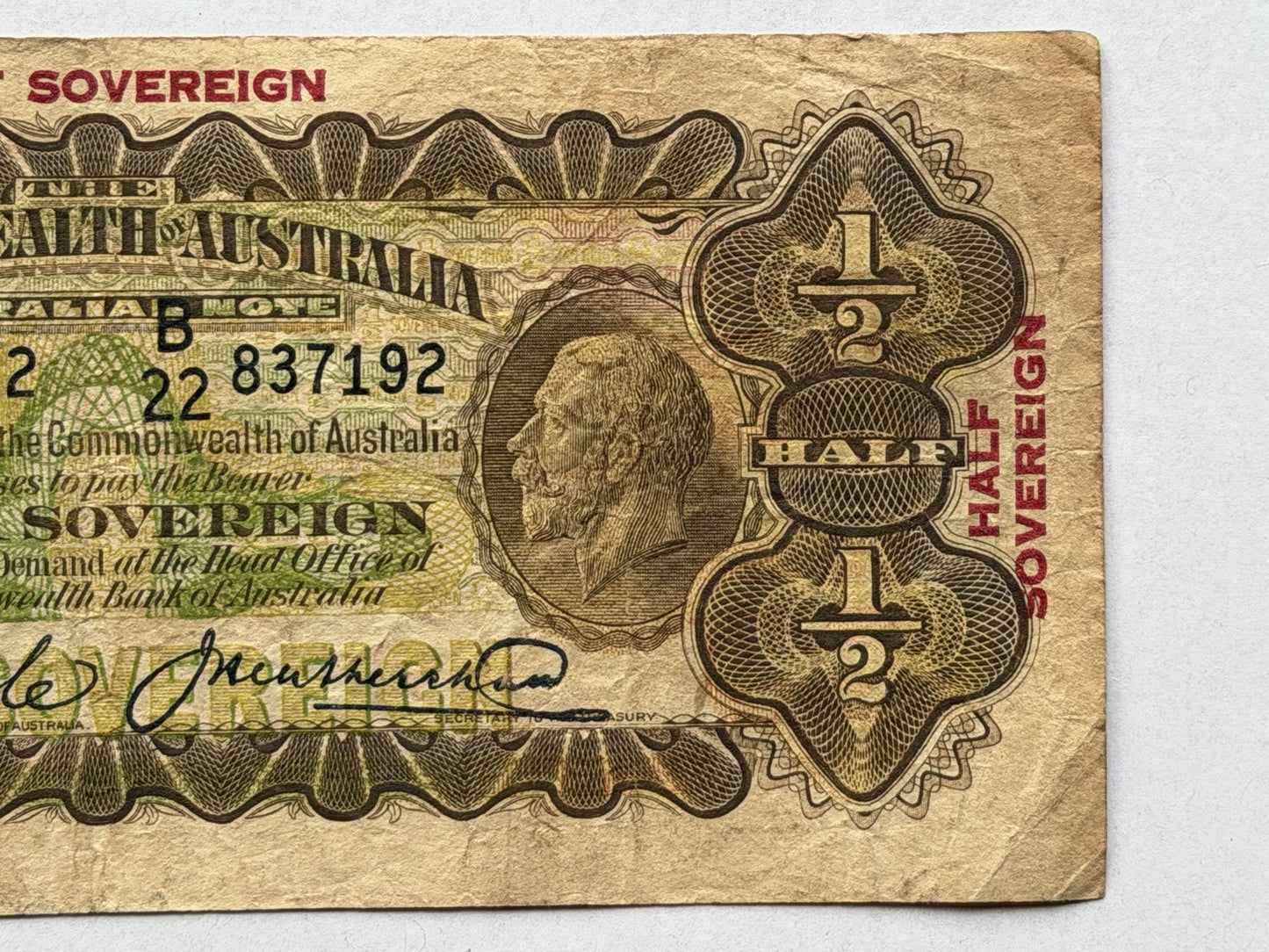 Australia 1928 Half Sovereign 10/- Riddle/Heathershaw Paper Banknote Fine