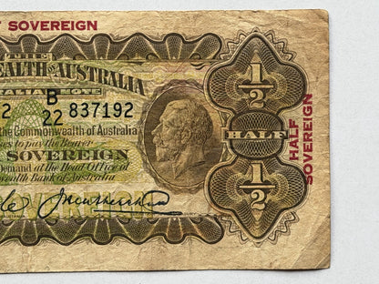 Australia 1928 Half Sovereign 10/- Riddle/Heathershaw Paper Banknote Fine