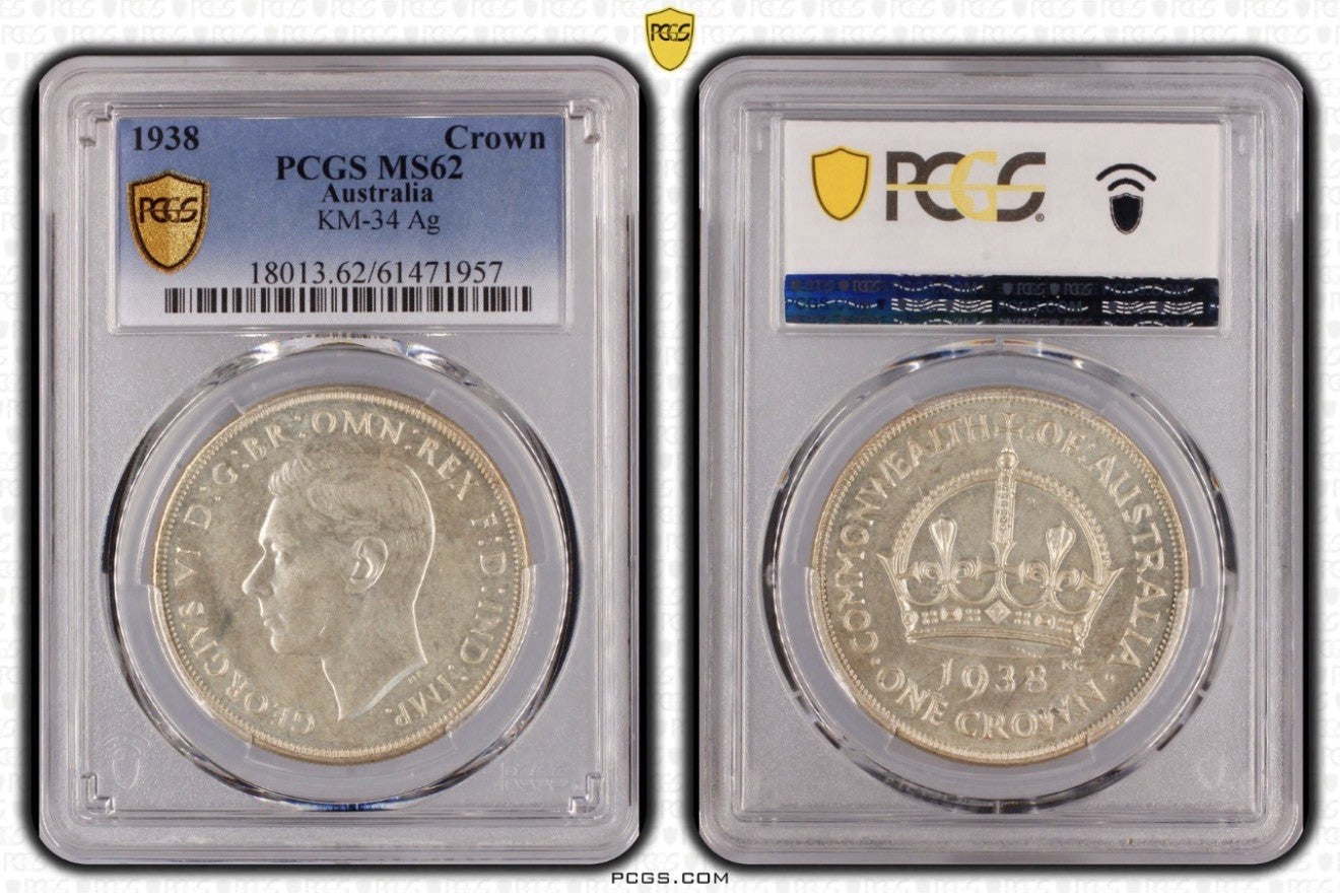 Australia 1938 Crown 5/- Five Shillings PCGS Graded MS62 Large Silver Coin