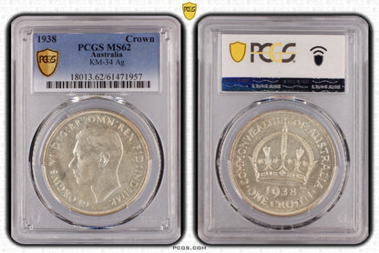 Australia 1938 Crown 5/- Five Shillings PCGS Graded MS62 Large Silver Coin