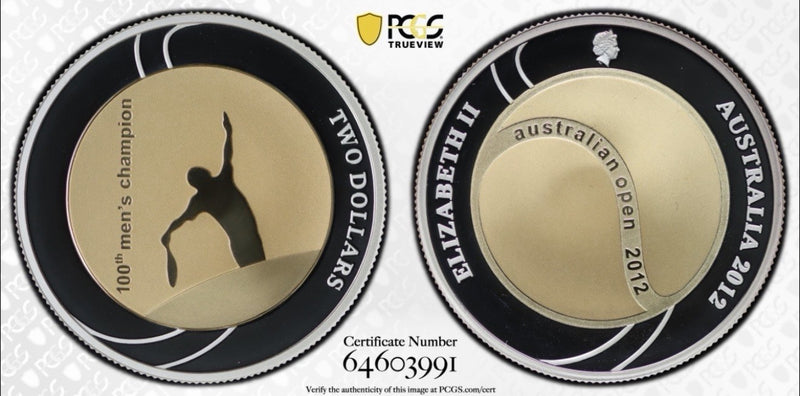 Australia Open AO 2012 100th Anni $2 PCGS Graded PR69DCAM Silver Gilt Coin