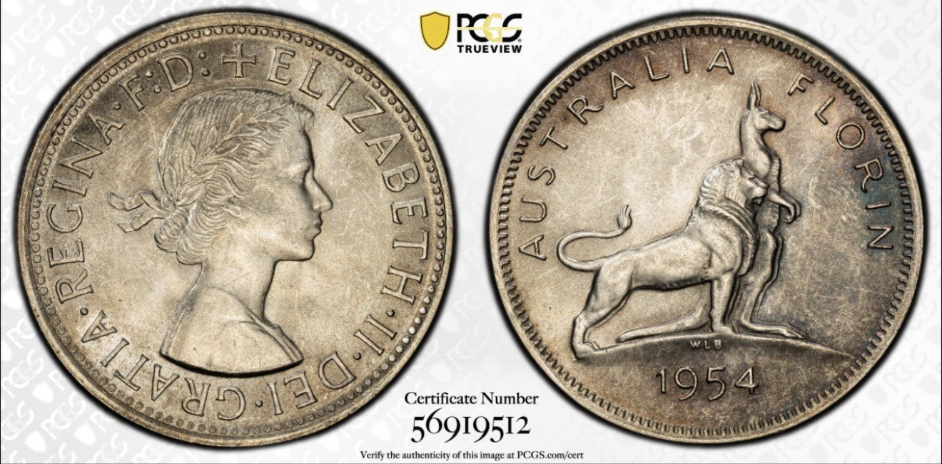 1954 Australia Royal Visit Florin Silver Coin PCGS Graded MS63 Choice UNC