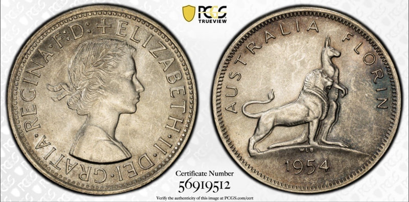 1954 Australia Royal Visit Florin Silver Coin PCGS Graded MS63 Choice UNC