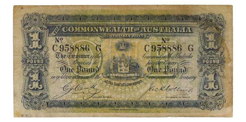 Commonwealth Australia 1918 £1 One Pound Cerutty/Collins Paper Banknote VG