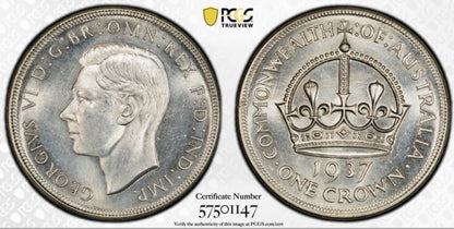 Australia 1937 Crown 5/- Five Shillings PCGS Graded MS64 Large Silver Coin
