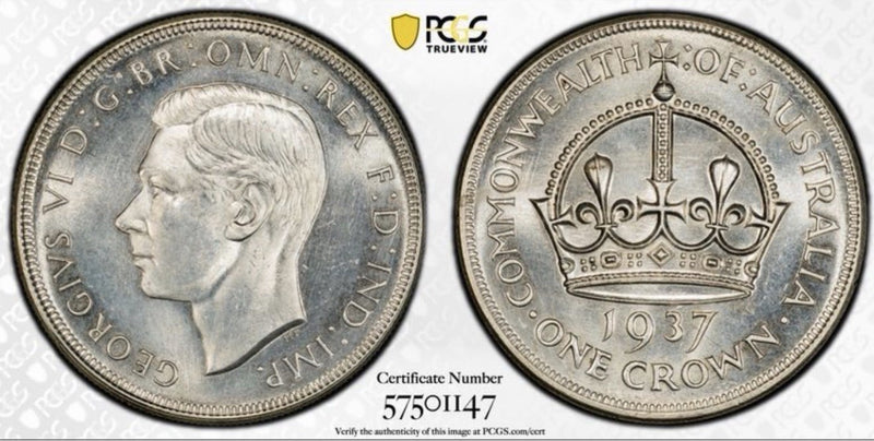 Australia 1937 Crown 5/- Five Shillings PCGS Graded MS64 Large Silver Coin